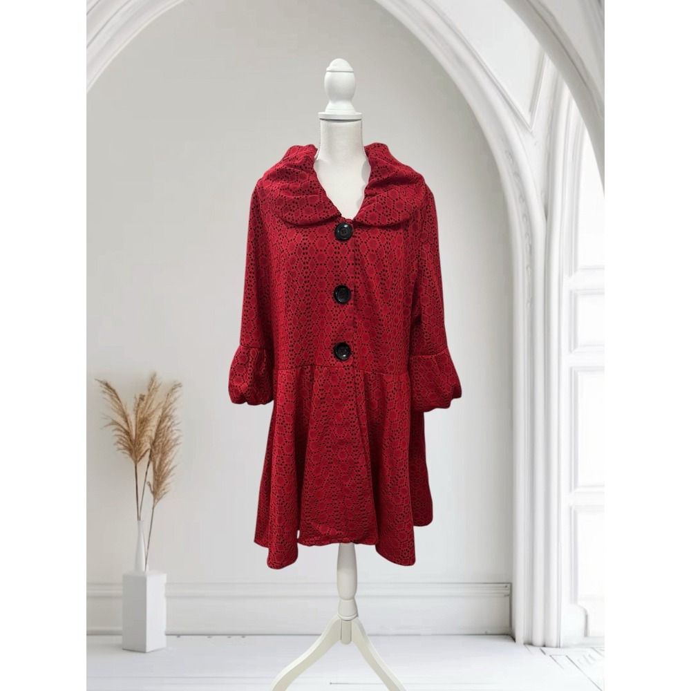 Curvesque USA Red Black‎ Textured Lace 3X Plus Sz A-Line Swing Coat Jacket Artsy